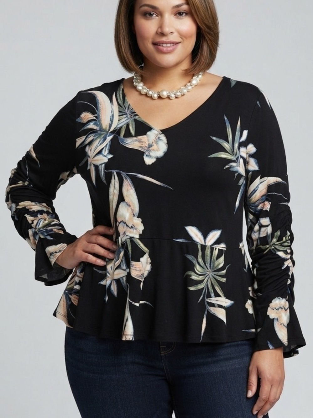 😍SHOW SPECIAL - ROXY Black Floral Long Sleeve with Lace Inserts Plus Size XL